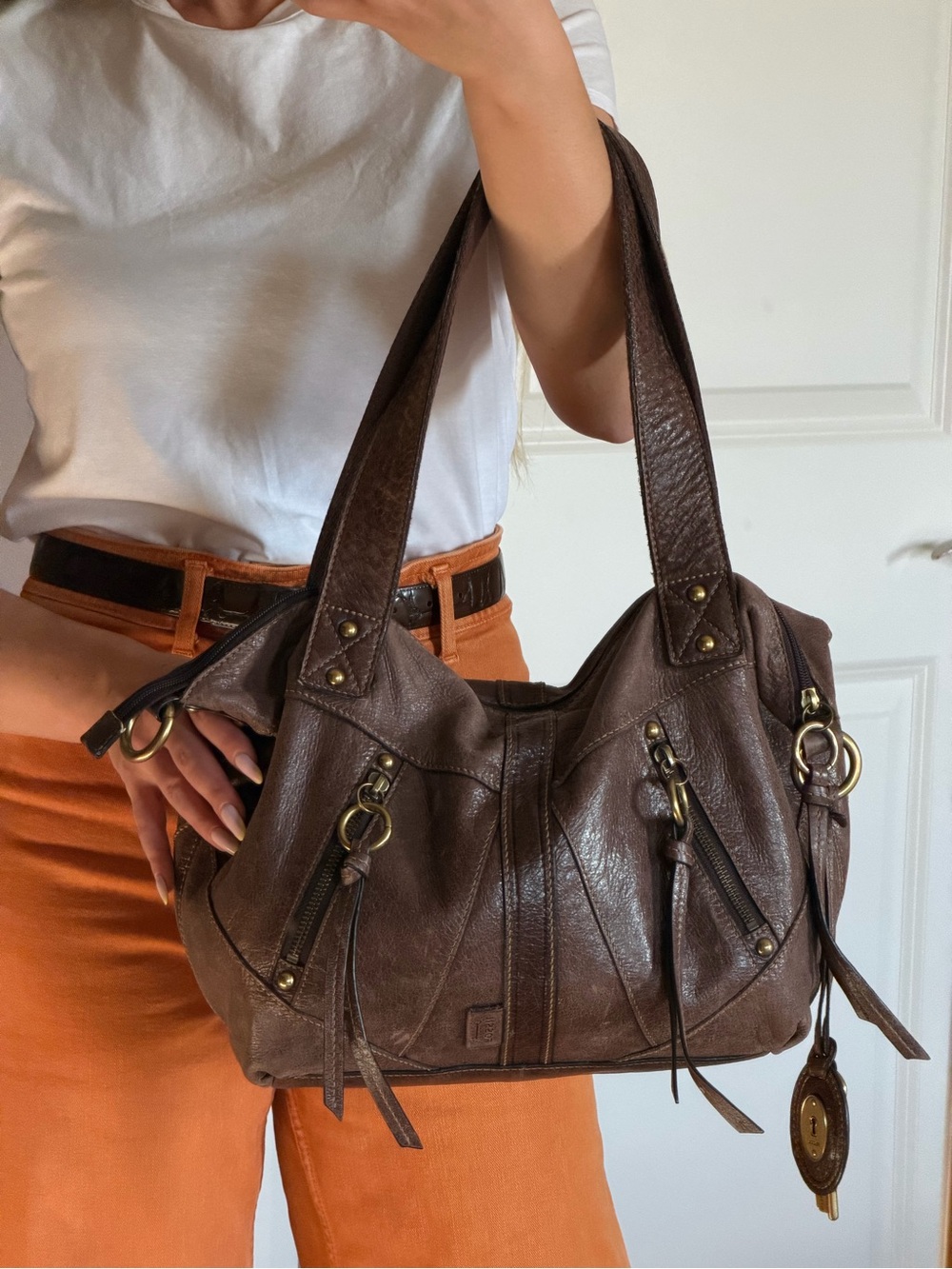 Fossil Vintage Soft Leather Satchel Hobo Bag Cognac Brown Y2K W/ Key